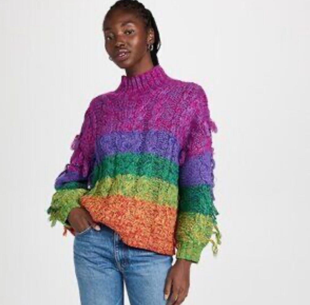 FARM RIO MULTICOLOR FRINGE SWEATER SIZE L PRE-OWNED RETAIL $349
